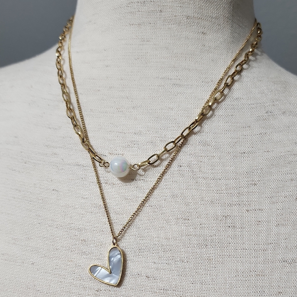 Stainless Steel Gold Layered Necklace with Heart Pendant